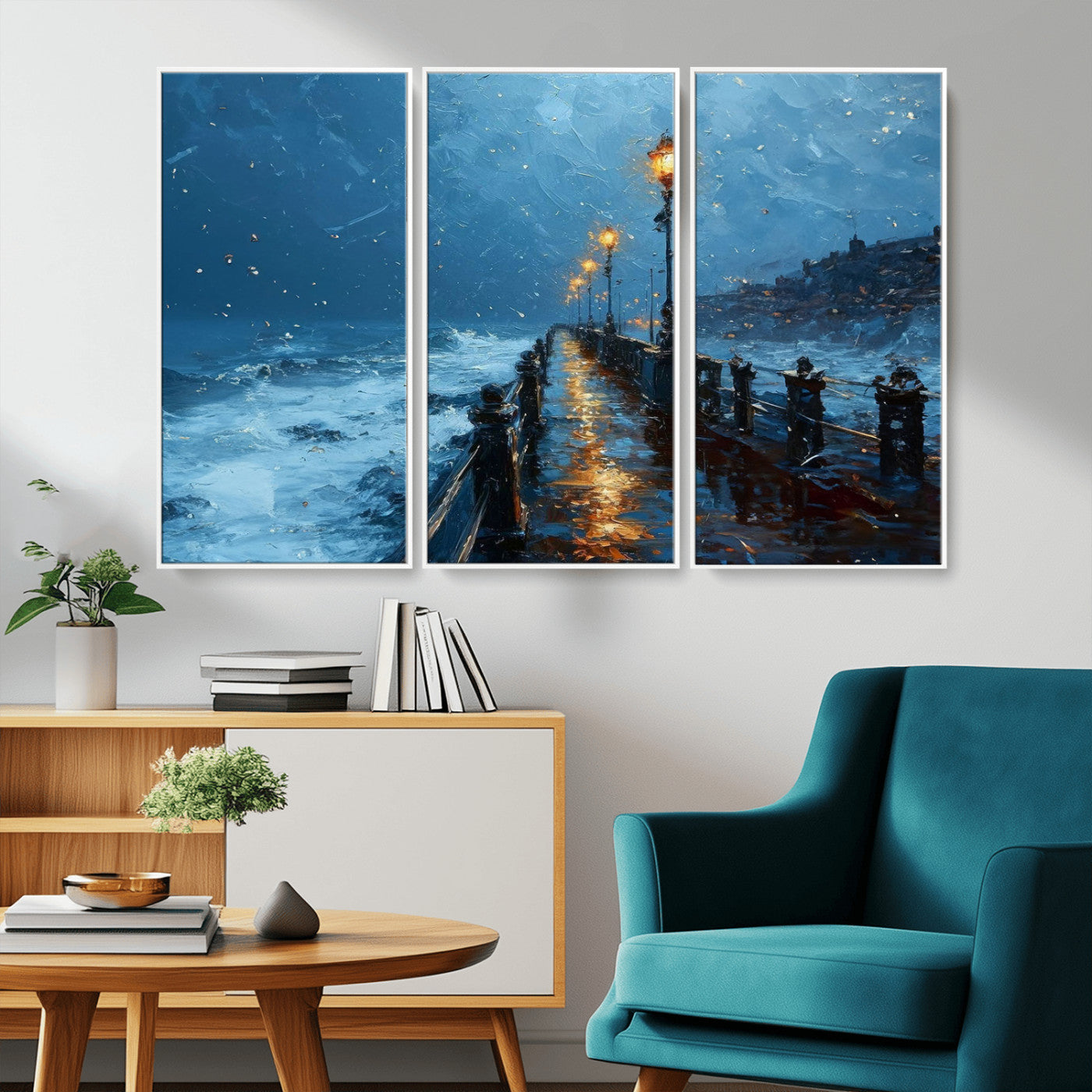 93793246-MGV-CV-36X24-Stormy Night Pier Canvas Wall Art – Moody Ocean Landscape with Lights, Blue Coastal Seascape Print for Bedroom, Living Room,