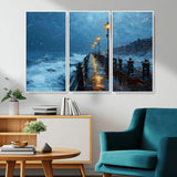 93793246-MGV-CV-36X24-Stormy Night Pier Canvas Wall Art – Moody Ocean Landscape with Lights, Blue Coastal Seascape Print for Bedroom, Living Room,