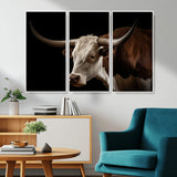 27414857-MGV-CV-36X24-Texas Longhorn Bull Canvas Wall Art – Rustic Western Farmhouse Decor, Brown & White Cow Portrait, Animal Print for Ranch Home