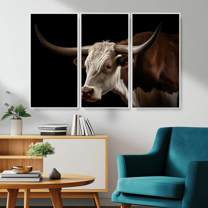 27414857-MGV-CV-36X24-Texas Longhorn Bull Canvas Wall Art – Rustic Western Farmhouse Decor, Brown & White Cow Portrait, Animal Print for Ranch Home