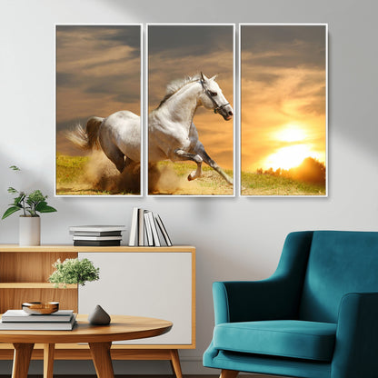 67478480-MGV-CV-36X24-White Horse Running at Sunset Wall Art – Majestic Equestrian Photography Print, Rustic Farmhouse Decor, Golden Sky Horse Lover