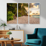 89531159-MGV-FC-48X32-3P_White-Tropical Beach Sunset Canvas Wall Art – Palm Trees Golden Sand Ocean Waves Coastal Paradise Print for Beach House Bedroom Bathroom