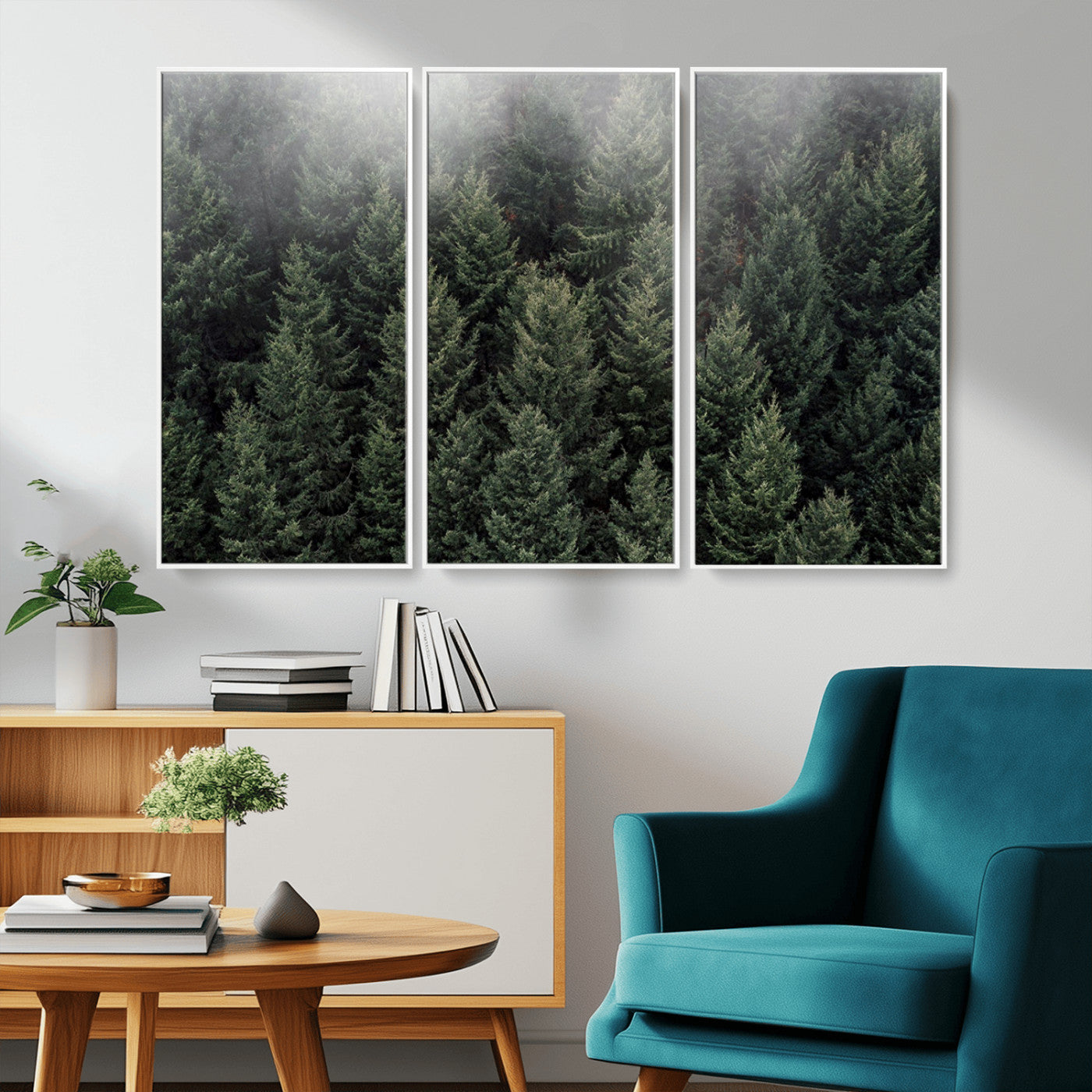 84059409-MGV-FC-48X32-3P_White-Forest Wall Art – Misty Evergreen Trees Canvas Print, Tranquil Nature Photography Decor for Bedroom, Living Room, Office, Cabin or