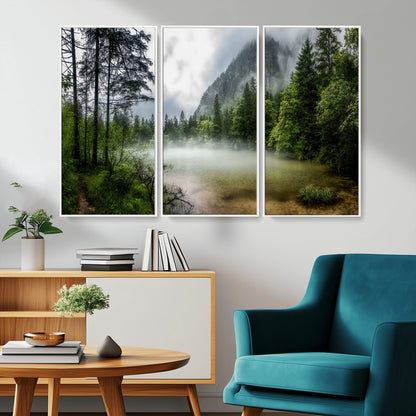 93123937-MGV-CV-36X24-Landscape Wall Art – Misty Mountain Lake Canvas Print, Tranquil Forest and Waterfall Photography Decor for Bedroom, Living Room,