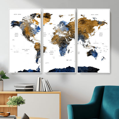 MGV-FC-48X32-3P - World Map Wall Art Canvas Print, Framed Blue Gold Map Art Picture Print, Rustic Atlas Perfect Rustic Modern Decor Artwork