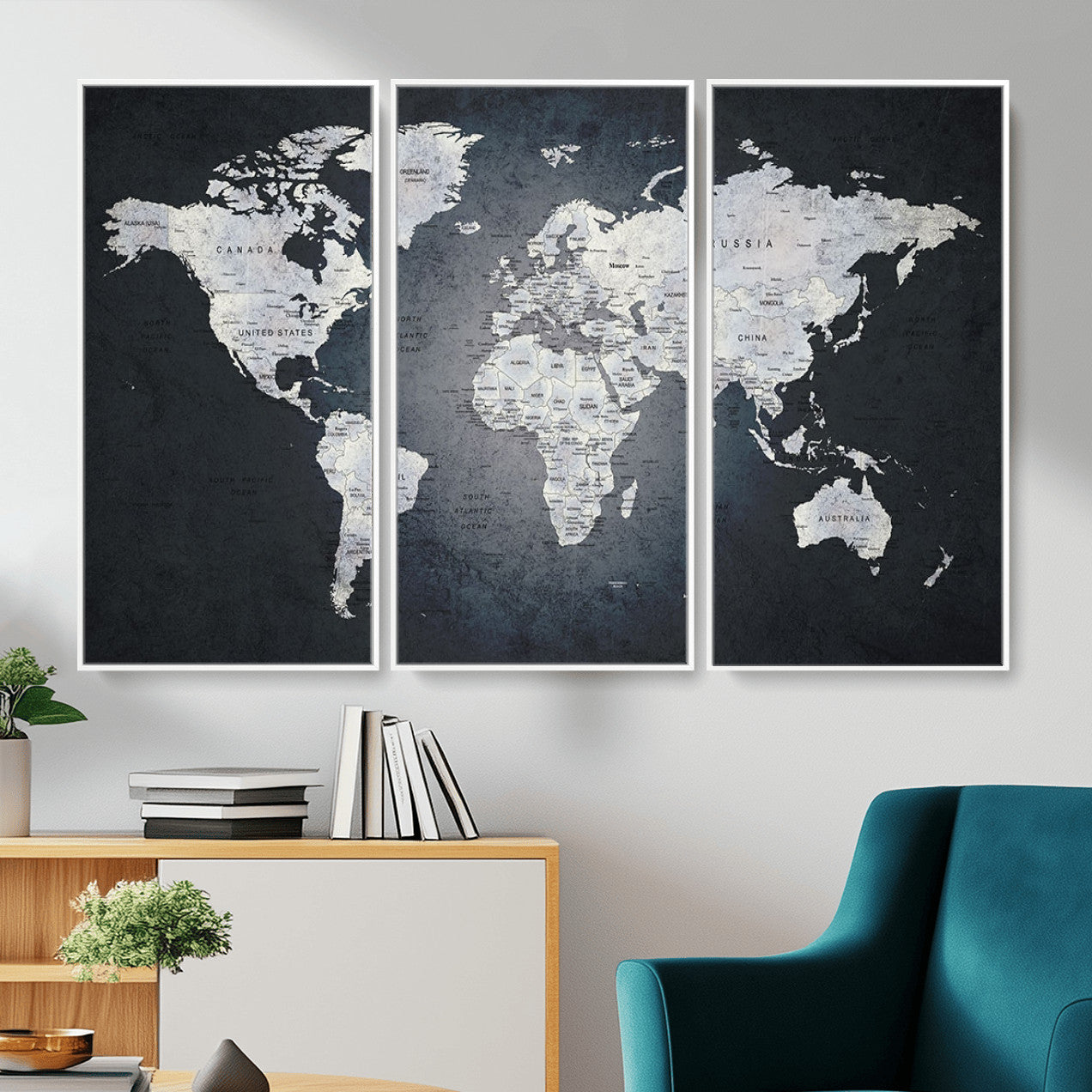 MGV-FC-48X32-3P - Monochrome World Map Wall Art Canvas Print, Framed Minimalist Map Art Picture Print, Modern Atlas Perfect Modern Minimalist Decor Artwork