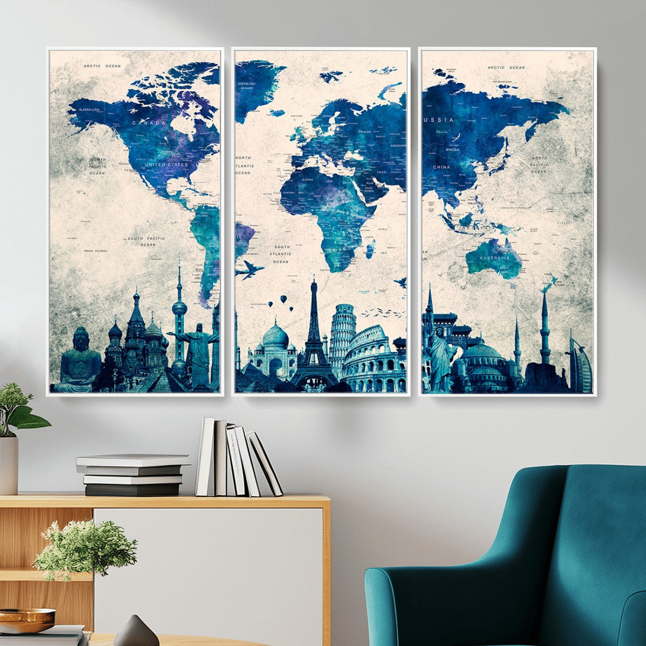 MGV-FC-48X32-3P - Blue World Map Wall Art Canvas Print, Framed Iconic Landmarks Art Picture Print, Blue Globe Map Perfect Elegant Explorer Decor Artwork
