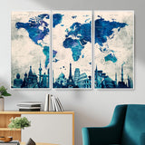 MGV-FC-48X32-3P - Blue World Map Wall Art Canvas Print, Framed Iconic Landmarks Art Picture Print, Blue Globe Map Perfect Elegant Explorer Decor Artwork