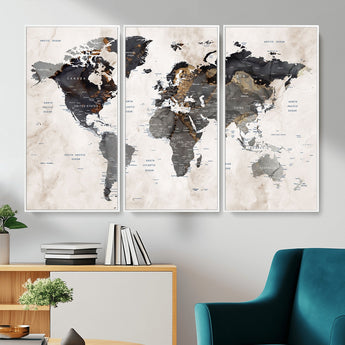 MGV-FC-48X32-3P - World Map Wall Art Canvas Print, Framed Rustic Map Art Picture Print, Antique Map Perfect Rustic Explorer Decor Artwork