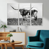 83785-MGV-FC-48X32-3P_White-Texas Longhorn Wall Art Canvas Print, Framed Horned Bull Art Picture Print, Monochrome Cattle Perfect Rustic Western Decor Artwork