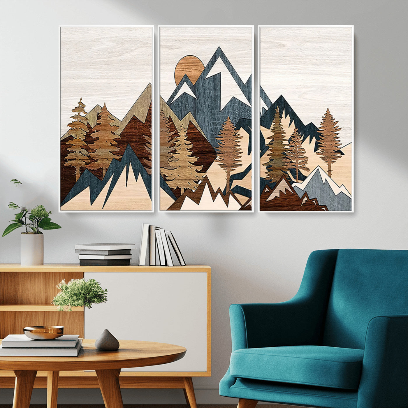 80300-MGV-CV-36X24-Geometric Mountains Wall Art Canvas Print, Framed Stylized Trees Art Picture Print, Graphic Forest Perfect Rustic Abstract Decor