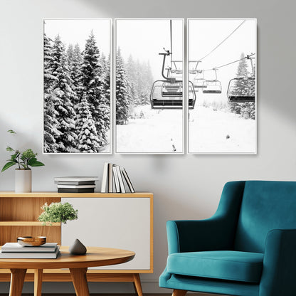 49274-MGV-CV-36X24-Snowy Forest Wall Art Canvas Print, Framed Ski Lift Art Picture Print, Mountain Snow Perfect Minimal Winter Lodge Decor Artwork