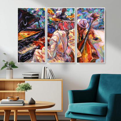 13675-MGV-CV-36X24-Jazz Band Wall Art Canvas Print, Framed Jazz Oil Painting Art Picture Print, Vibrant Music Perfect Abstract Musical Decor Artwork
