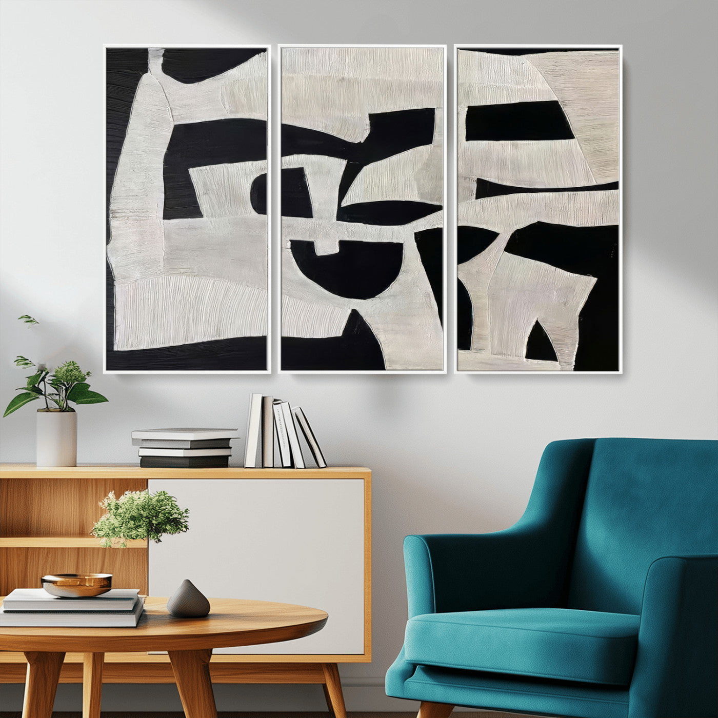 33714-MGV-CV-36X24-Monochrome Design Wall Art Canvas Print, Framed Modern Linework Art Picture Print, Textured Shapes Perfect Monochrome Modern Decor