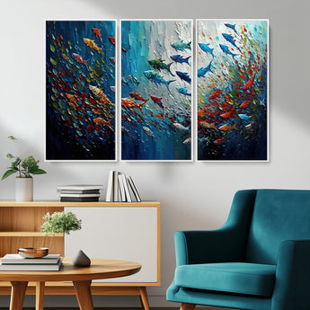 89626-MGV-CV-36X24-Fish Swarm Wall Art Canvas Print, Framed Abstract Ocean Art Picture Print, Underwater Life Perfect Vibrant Coastal Decor Artwork