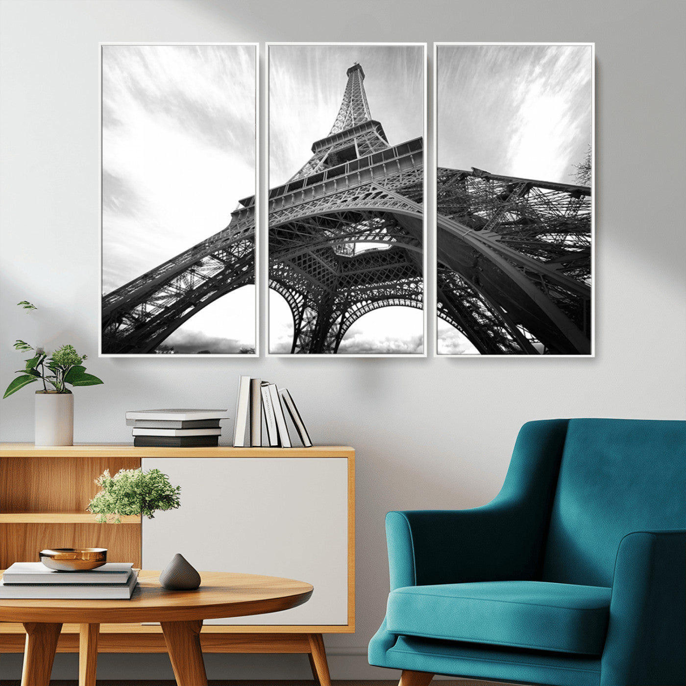 40006-MGV-FC-48X32-3P_White-Eiffel Tower Wall Art – Black and White Architectural Photo Print, Paris Inspired Decor for Bedroom, Office, Studio or Modern
