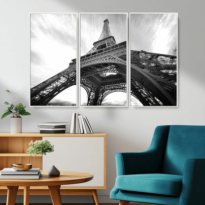 40006-MGV-FC-48X32-3P_White-Eiffel Tower Wall Art – Black and White Architectural Photo Print, Paris Inspired Decor for Bedroom, Office, Studio or Modern