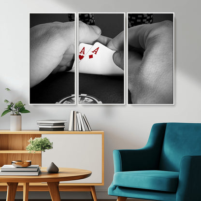 62460-MGV-CV-36X24-Poker Game Wall Art – Close Up of Hands Holding Aces with Chips, Casino Style Decor for Game Room, Man Cave or Office