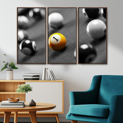 52108-MGV-FC-48X32-3P_Walnut-Precision Pool Table Wall Art – Close Up Yellow 1 Ball Canvas Print, Hand-Played Billiards Game Decor for Office, Game Room, or