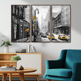 32362-MGV-CV-36X24-NYC Street Wall Art – Black and White Cityscape with Yellow Taxis and Umbrella Canvas Print, Urban Home Decor for Living Room or