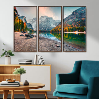 25982-MGV-CV-36X24-Autumn Mountain Lake Wall Art – Panoramic Fall Foliage and Snowy Peaks Canvas Print, Scenic Nature Decor for Living Room or Office