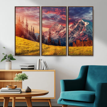 83947-MGV-CV-36X24-Sunset Mountain Landscape Wall Art – Panoramic Alpine Meadow and Snow Capped Peaks Canvas Print, Nature Scenic Decor for Home,