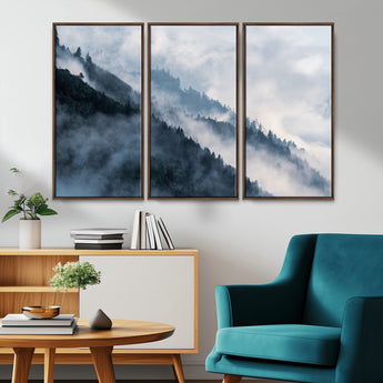 85737-MGV-FC-48X32-3P_Walnut-Misty Mountain Wall Art – Atmospheric Pine Forest Canvas Print with Fog and Mist, Calm Nature Decor for Living Room, Bedroom,