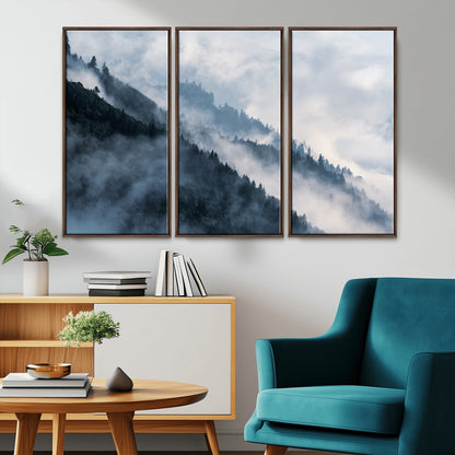 85737-MGV-FC-48X32-3P_Walnut-Misty Mountain Wall Art – Atmospheric Pine Forest Canvas Print with Fog and Mist, Calm Nature Decor for Living Room, Bedroom,