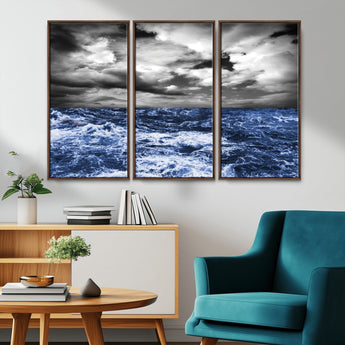 36012-MGV-CV-36X24-Dramatic Stormy Ocean Waves Black and White with Deep Blue Highlights – Moody Seascape Wall Art, Nature Photography Print for Home
