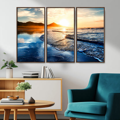 86173-MGV-CV-36X24-Golden Sunset Beach Wall Art – Reflective Ocean Canvas Print with Mountains and Waves, Coastal Nature Decor for Living Room,