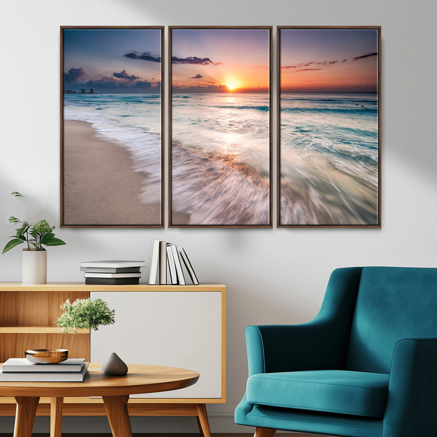 71849-MGV-FC-48X32-3P_Walnut-Sunrise Ocean Beach Wall Art – Serene Seascape Canvas Print with Gentle Waves, Coastal Nature Decor for Bedroom, Living Room or