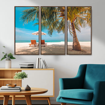 69754-MGV-CV-36X24-Tropical Beach Wall Art – Relaxing Palm Tree and Lounge Chairs Canvas Print, Serene Coastal Decor for Living Room, Bedroom, Office