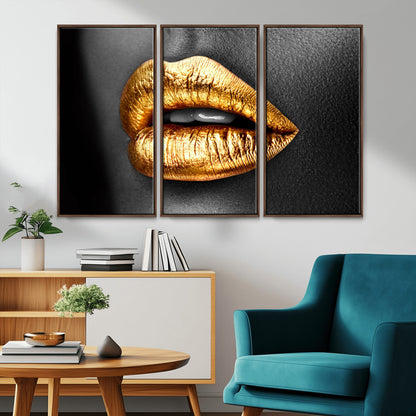 84747-MGV-CV-36X24-Golden Lips Black & White Portrait – Glamorous Metallic Lip Art Print, Modern Wall Decor for Bedroom, Beauty & Fashion Lover Gift