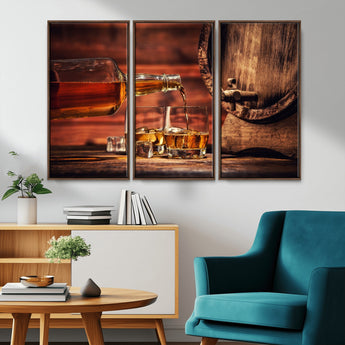 21266-MGV-FC-48X32-3P_Walnut-Pouring Whiskey into Glasses with Ice – Rustic Wooden Barrel Background, Warm Ambient Lighting, Ideal Decor for Home or Office