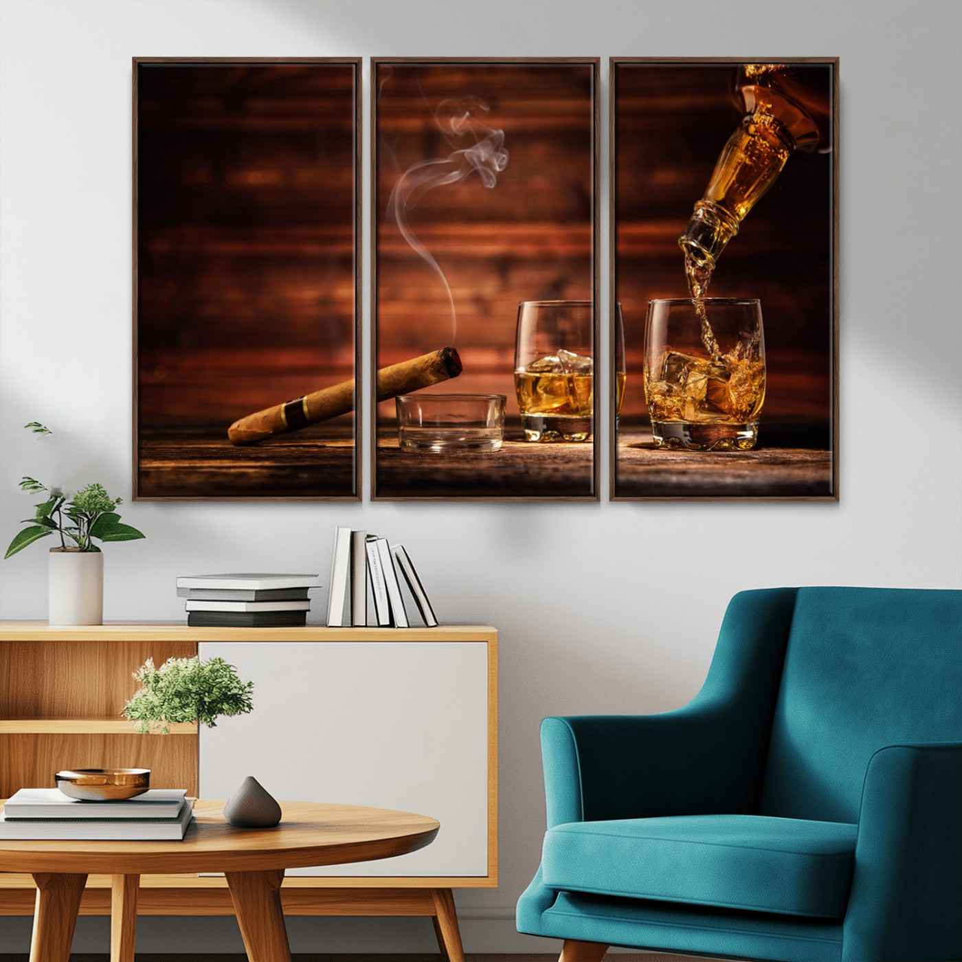 41139-MGV-CV-36X24-Whiskey and Cigar Still Life – Glasses with Ice and Pouring Amber Drink on Wooden Table with Smoke, Elegant Bar or Lounge Wall