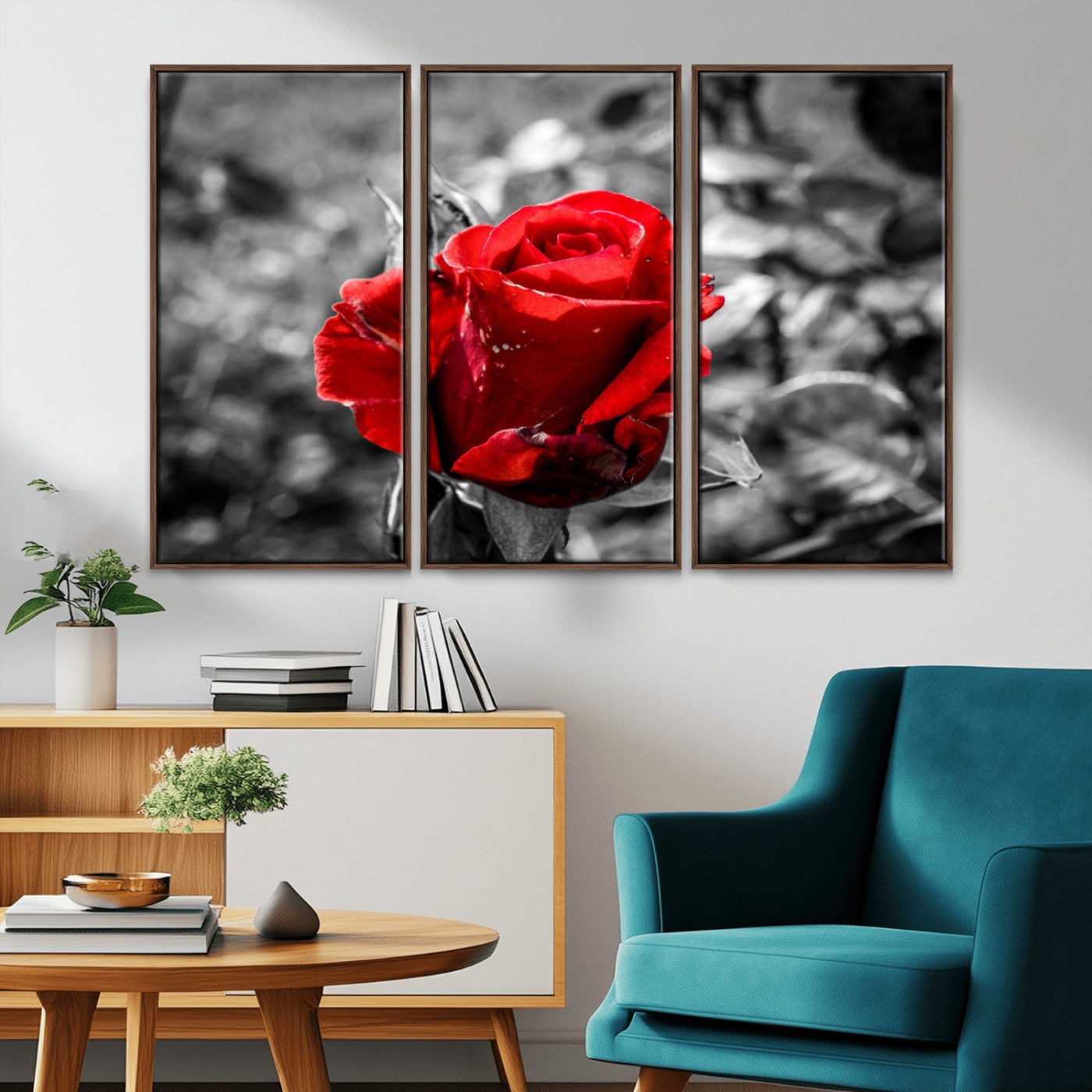 84671-MGV-CV-36X24-Red Rose Wall Art – Vibrant Single Bloom Canvas Print with Black and White Background, Elegant Floral Decor for Living Room,