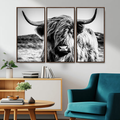 36979-MGV-CV-36X24-Striking black-and-white portrait of a Highland cow with flowing fur and majestic horns, perfect for rustic and elegant home or
