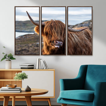 71222-MGV-CV-36X24-A playful Highland cow with shaggy fur sticks out its tongue, set against a rugged landscape — perfect for quirky home or office