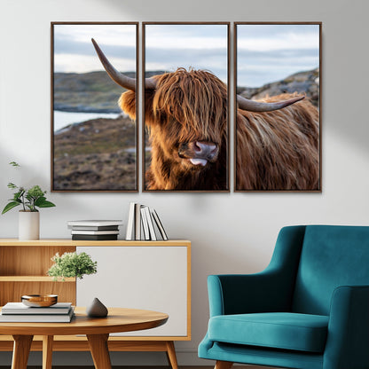 71222-MGV-CV-36X24-A playful Highland cow with shaggy fur sticks out its tongue, set against a rugged landscape — perfect for quirky home or office