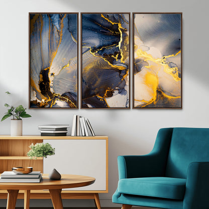 42100-MGV-CV-36X24-Golden Flow Abstract Wall Art – Panoramic Modern Blue and Gold Canvas Print, Contemporary Artistic Decor for Home, Office
