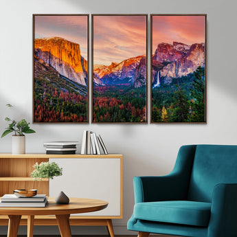 24519-MGV-CV-36X24-Yosemite Valley Sunset Wall Art – Majestic Mountain Landscape with Waterfall and Vibrant Sky, Nature Photography for Home or