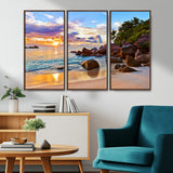 43209-MGV-CV-36X24-Tropical Beach Sunset Wall Art – Golden Ocean Waves and Palm Trees with Rocky Shore Canvas Print, Coastal Seascape Decor for