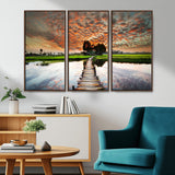 29105-MGV-CV-36X24-Rustic Wooden Bridge Wall Art – Scenic Sunset Over Rice Fields and Reflective Water Canvas Print, Nature Landscape Decor for