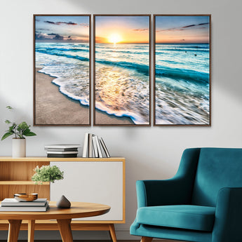 27815-MGV-CV-36X24-Ocean Sunrise Beach Wall Art – Serene Coastal Canvas Print with Waves and Golden Morning Light, Relaxing Seascape Decor for
