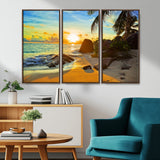 26181-MGV-CV-36X24-Golden Tropical Sunset Beach Wall Art – Ocean Canvas Print with Palm Trees and Rocks, Coastal Paradise Decor for Living Room or