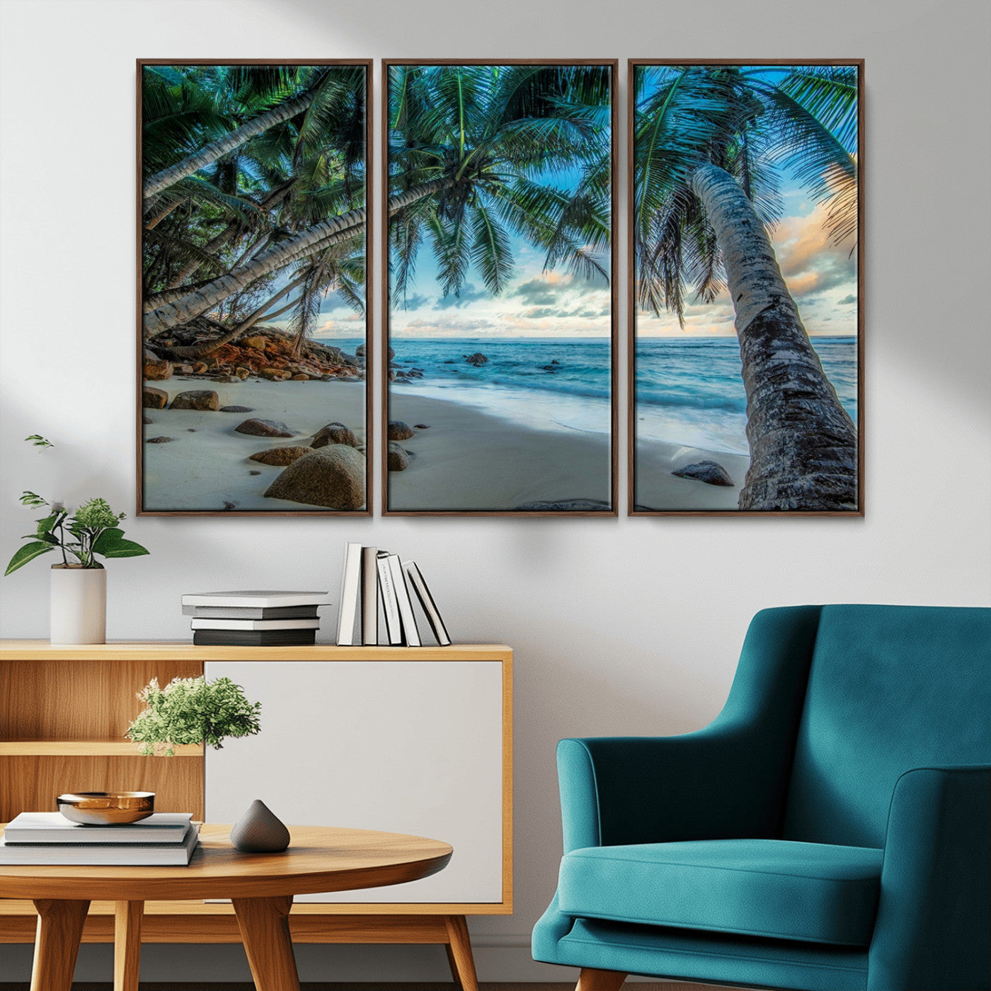 39679-MGV-CV-36X24-Tropical Palm Beach Wall Art – Serene Ocean Canvas Print with Palm Trees and Rocks, Coastal Paradise Decor for Living Room or