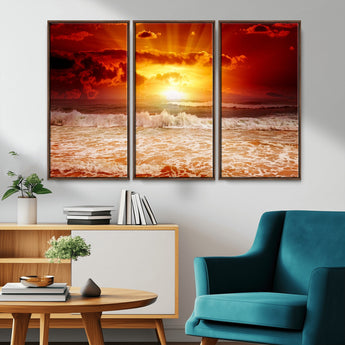 60211-MGV-CV-36X24-Fiery Sunset Ocean Wall Art – Red Sky Seascape Canvas Print with Waves, Bold Coastal Sunset Decor for Living Room or Bedroom