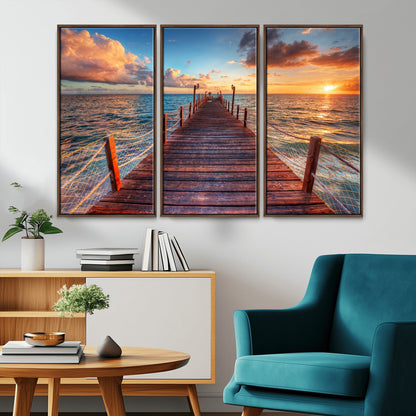28836-MGV-CV-36X24-Ocean Pier Sunset Wall Art – Wooden Dock and Golden Horizon Canvas Print, Coastal Seascape Photography for Living Room, Bedroom,