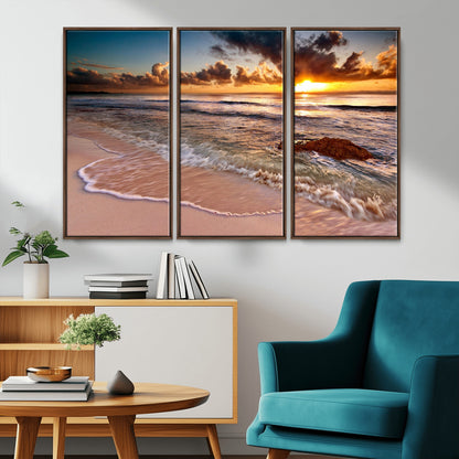 80979-MGV-CV-36X24-Golden Sunrise Beach Wall Art – Ocean Waves and Sandy Shore Canvas Print, Coastal Sunset Photography Artwork for Living Room,