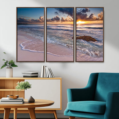 94906-MGV-CV-36X24-Sunrise Beach Wall Art – Panoramic Ocean Waves Canvas Print, Coastal Sunset Seascape Artwork for Living Room, Bedroom, or Office